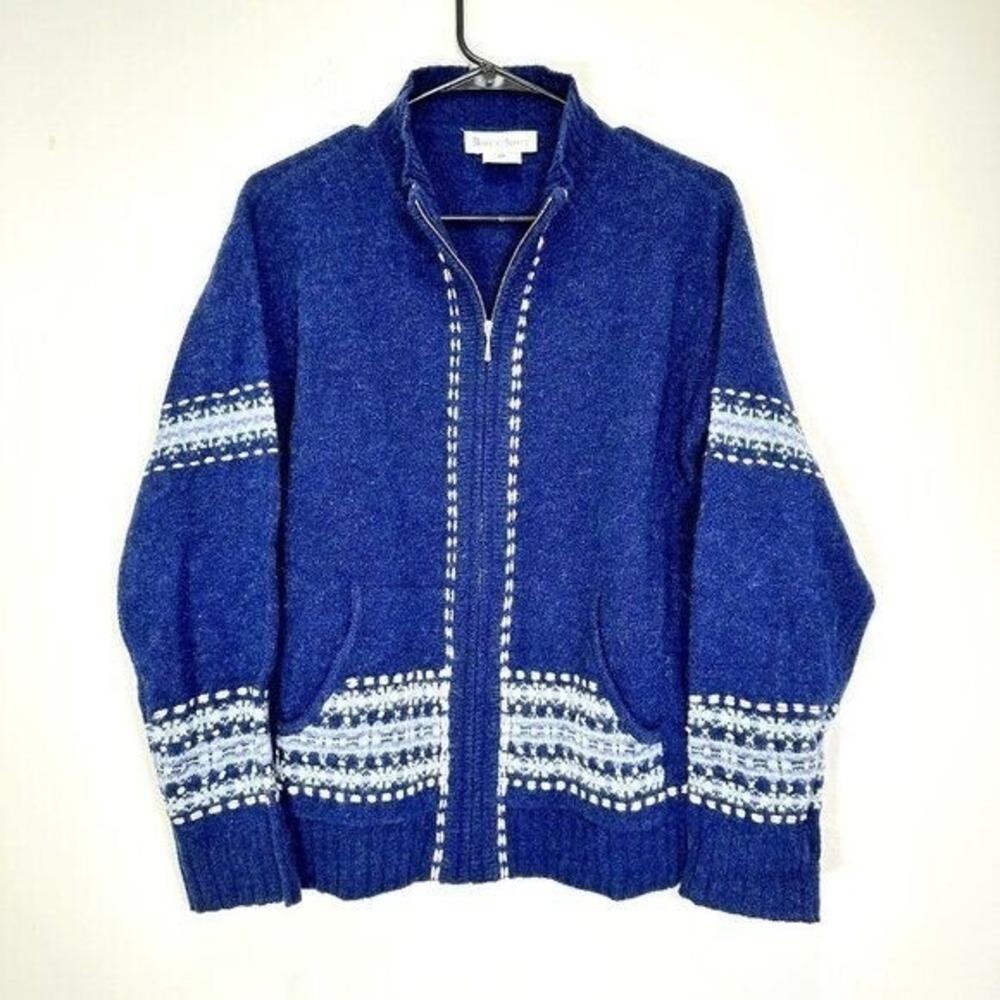 Robert Scott Vintage 100% Wool Fair Isle Zip Up Cardigan Navy Blue Cream Size M